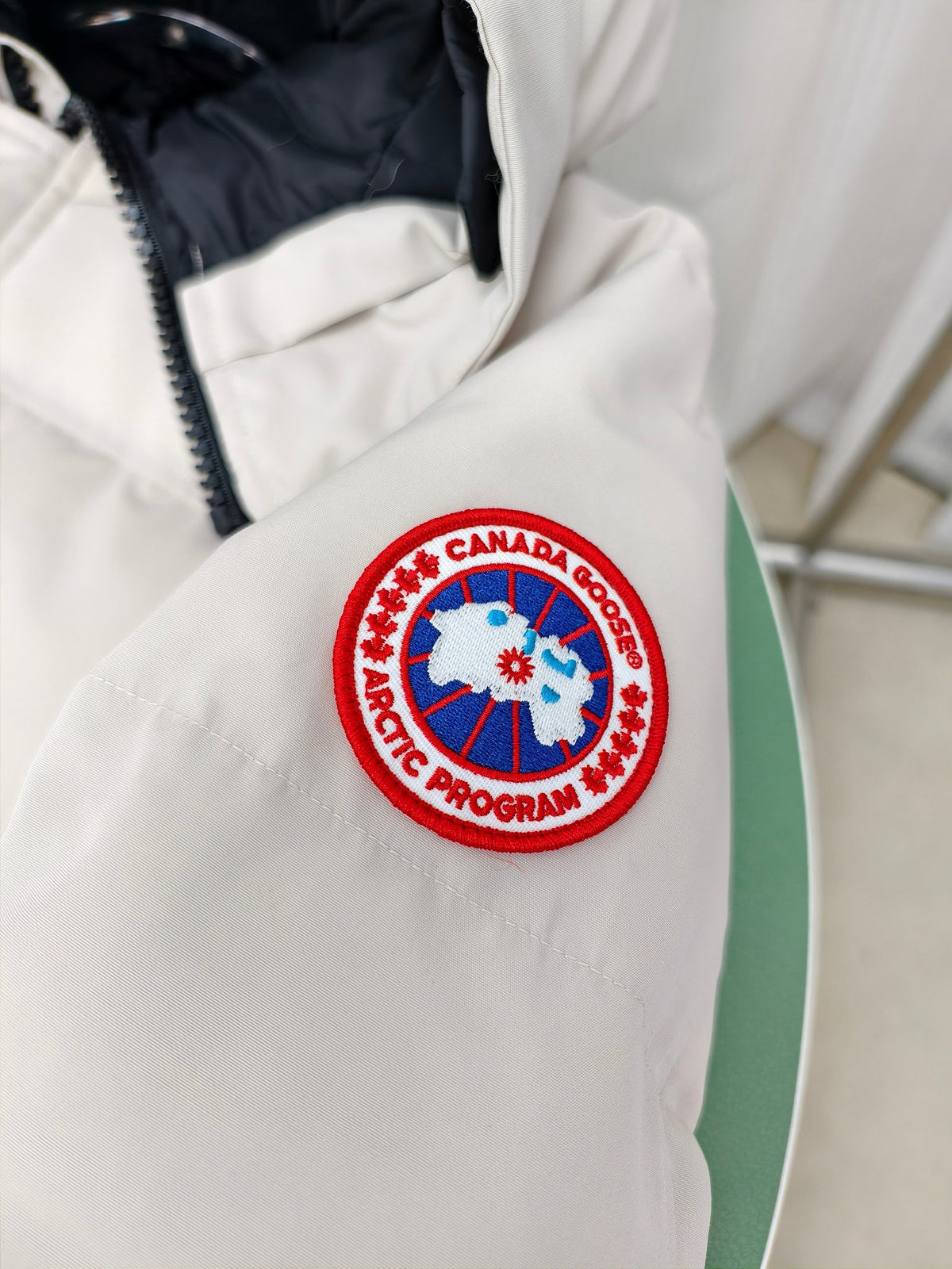 Canada Goose White Hooded Puffer Jacket with Plush Trim