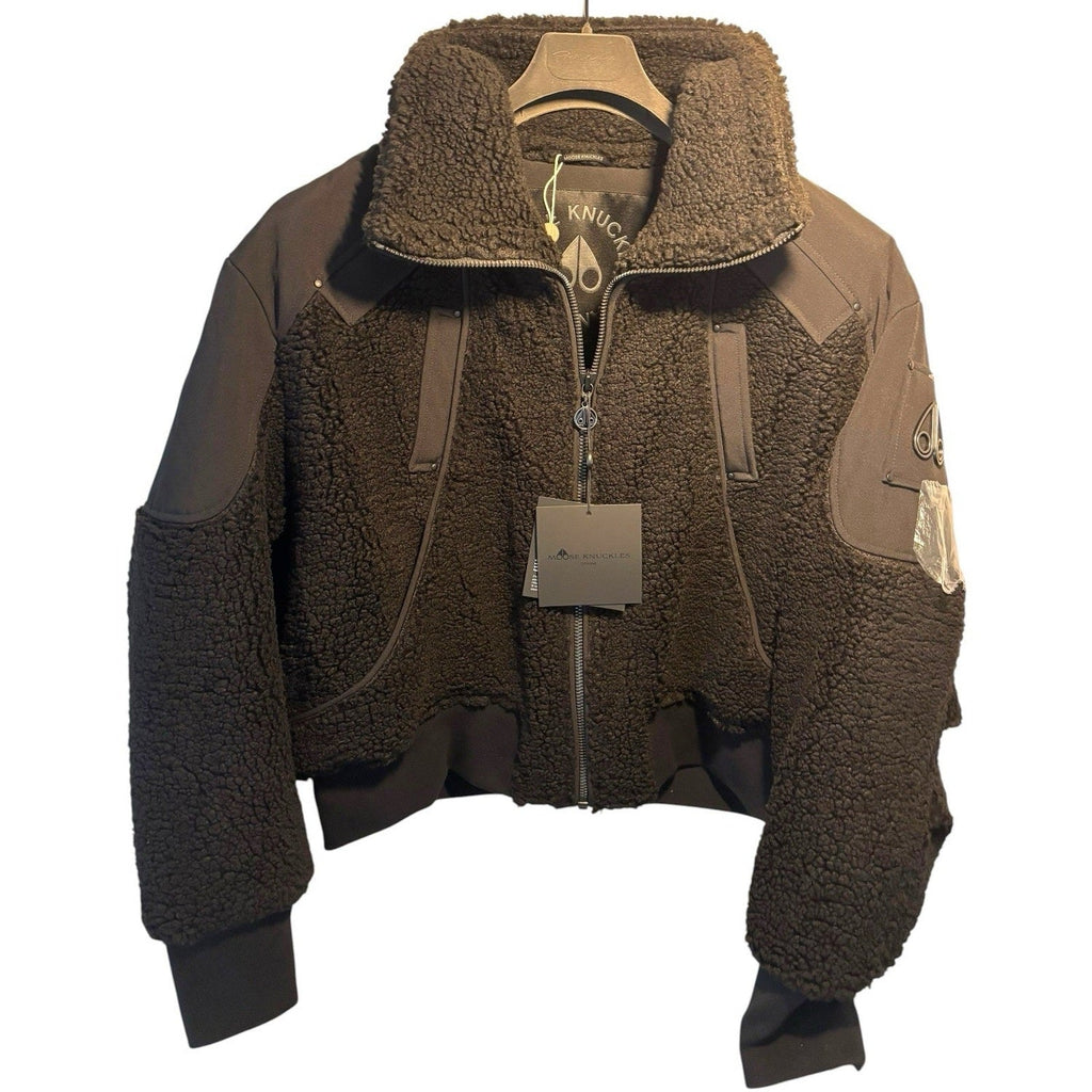 Moose Knuckles Dark Brown Cropped Teddy Fleece Bomber Jacket
