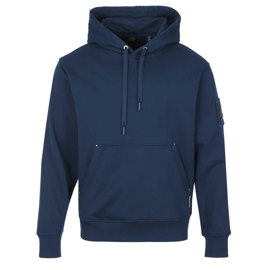 Moose Knuckles Navy Blue Pullover Hoodie with Metal Sleeve Logo