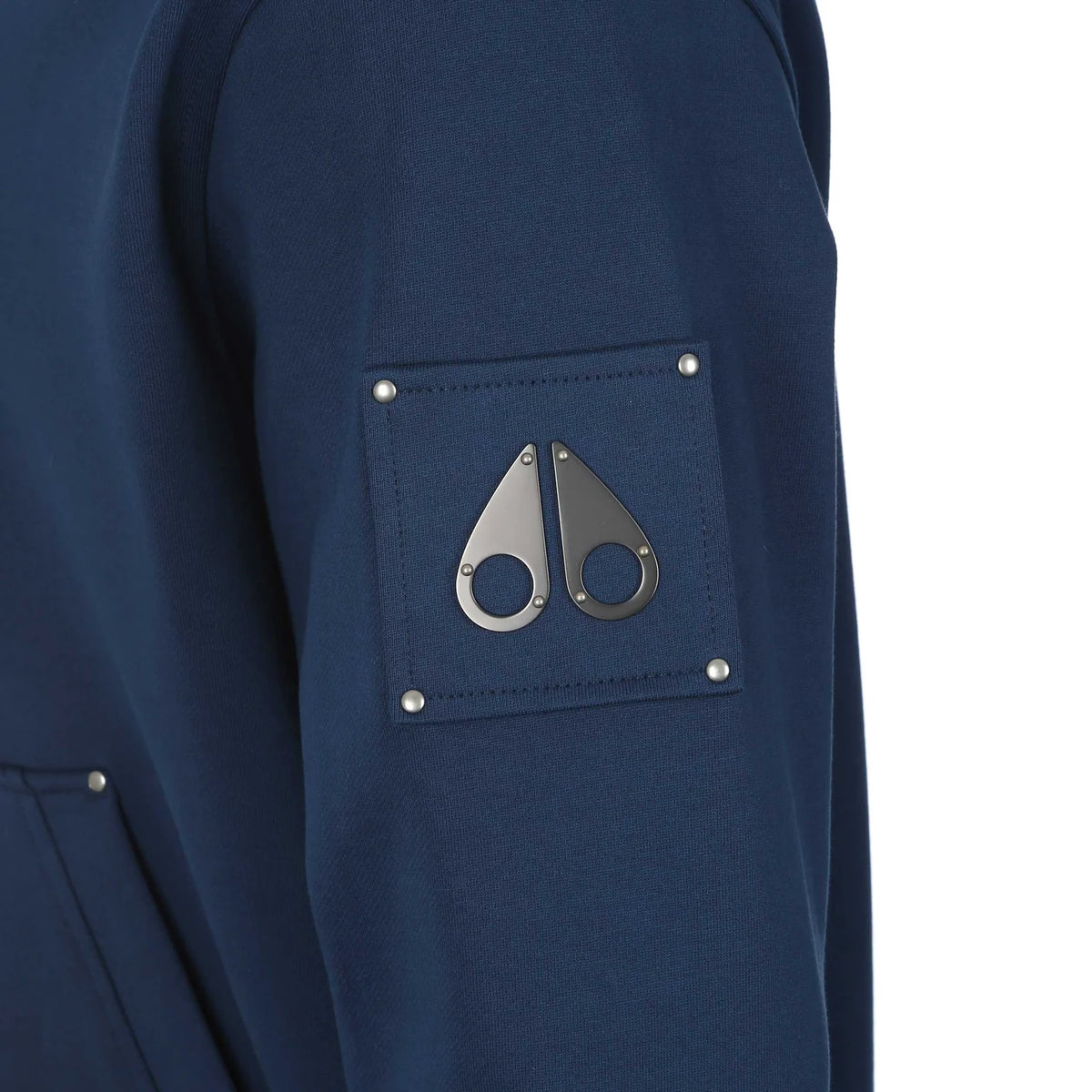Moose Knuckles Navy Blue Pullover Hoodie with Metal Sleeve Logo