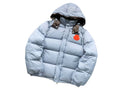 Moncler Light Blue Hooded Puffer Jacket with Orange Logo Patch