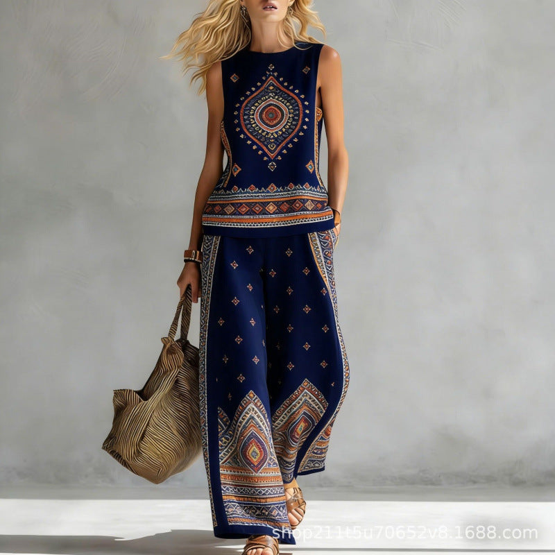 Boho Striped Floral Trim Sleeveless Wide Leg Two Piece Set