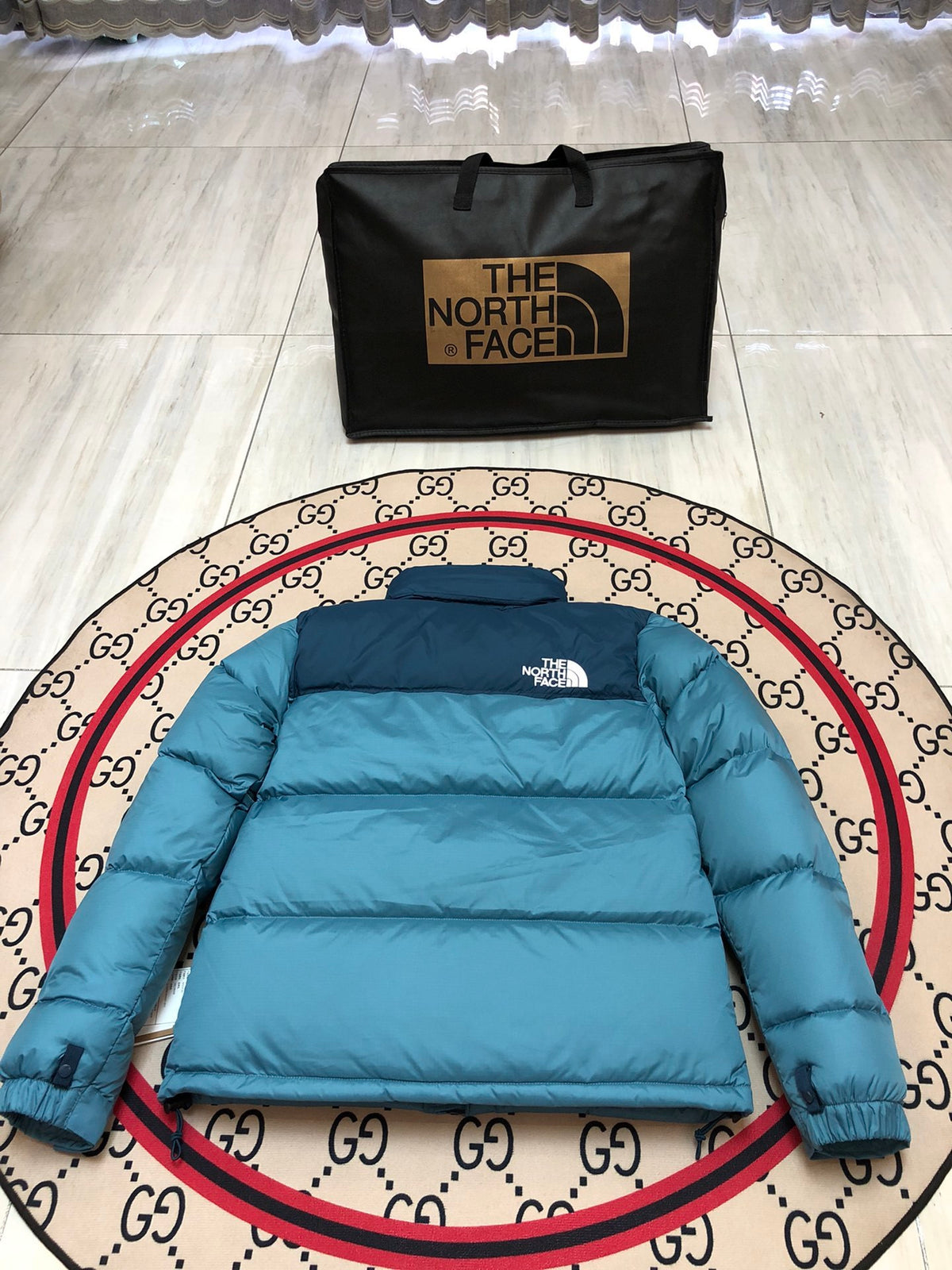 The North Face Teal Blue and Navy Color-Block Puffer Jacket
