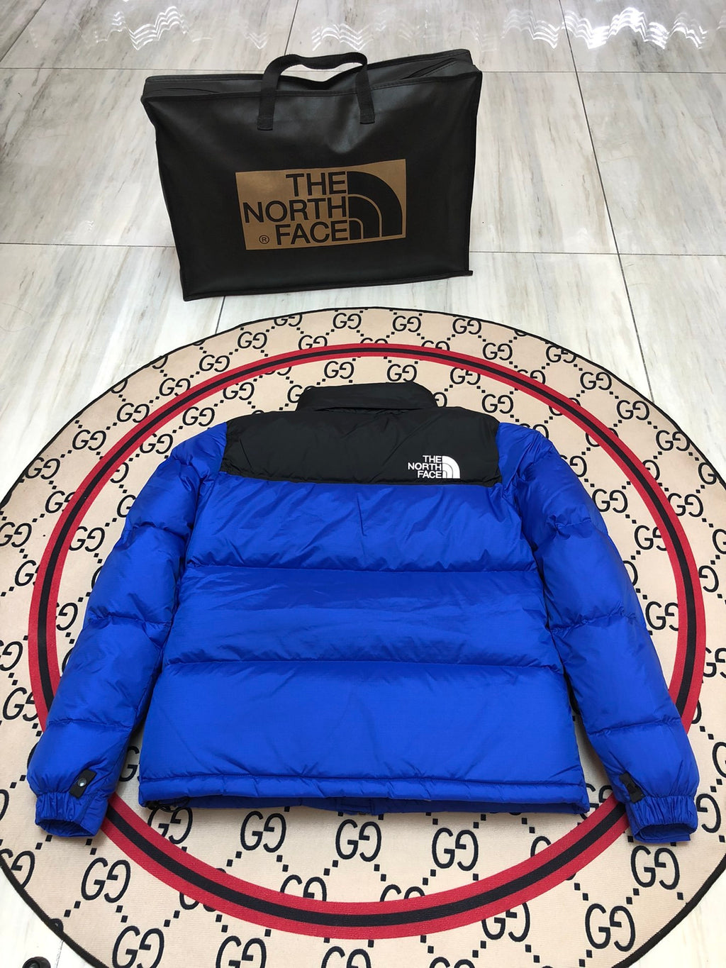 The North Face Royal Blue and Black Color-Block Puffer Jacket