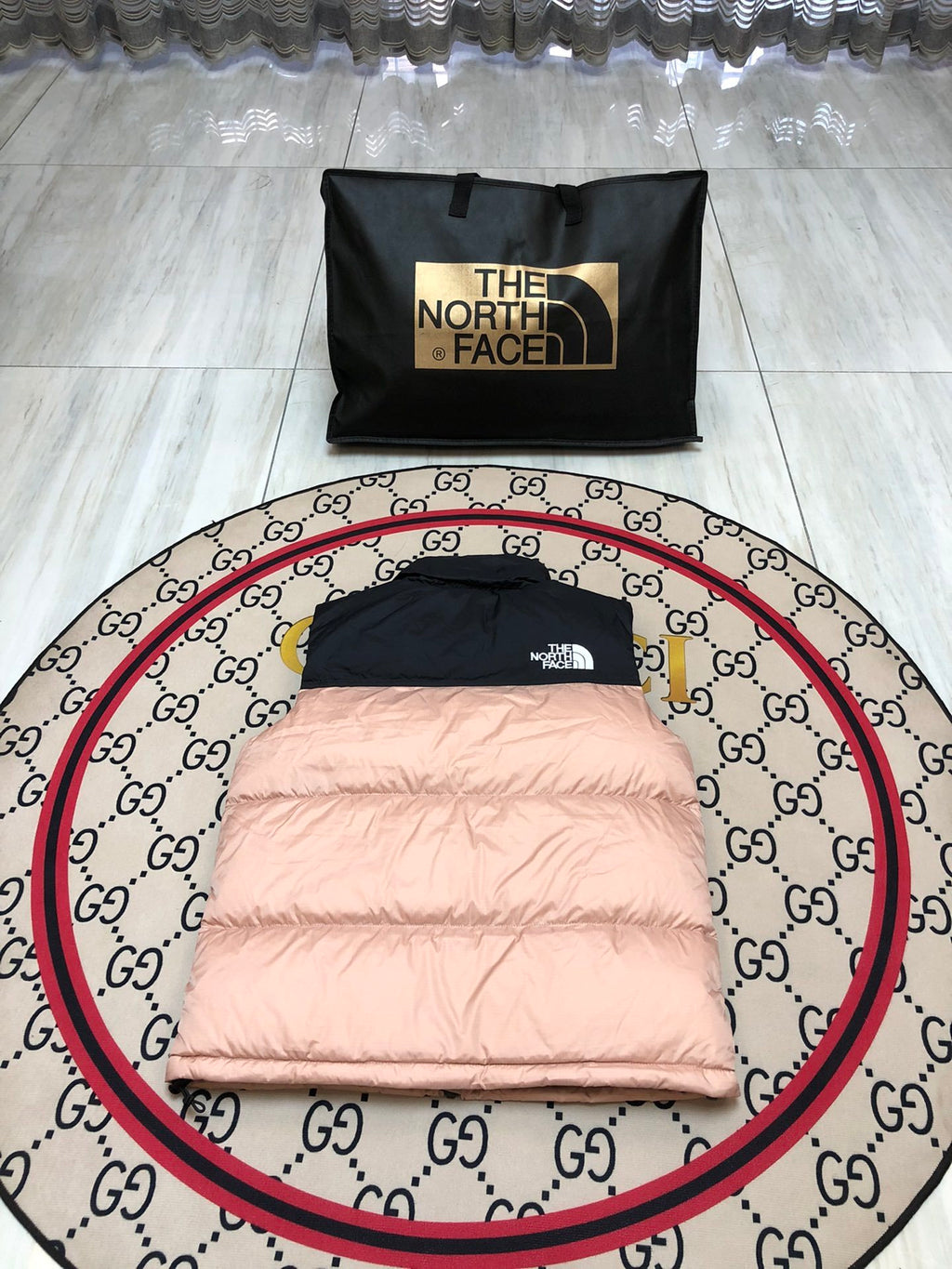 The North Face Blush Pink and Black Color-Block Puffer Vest