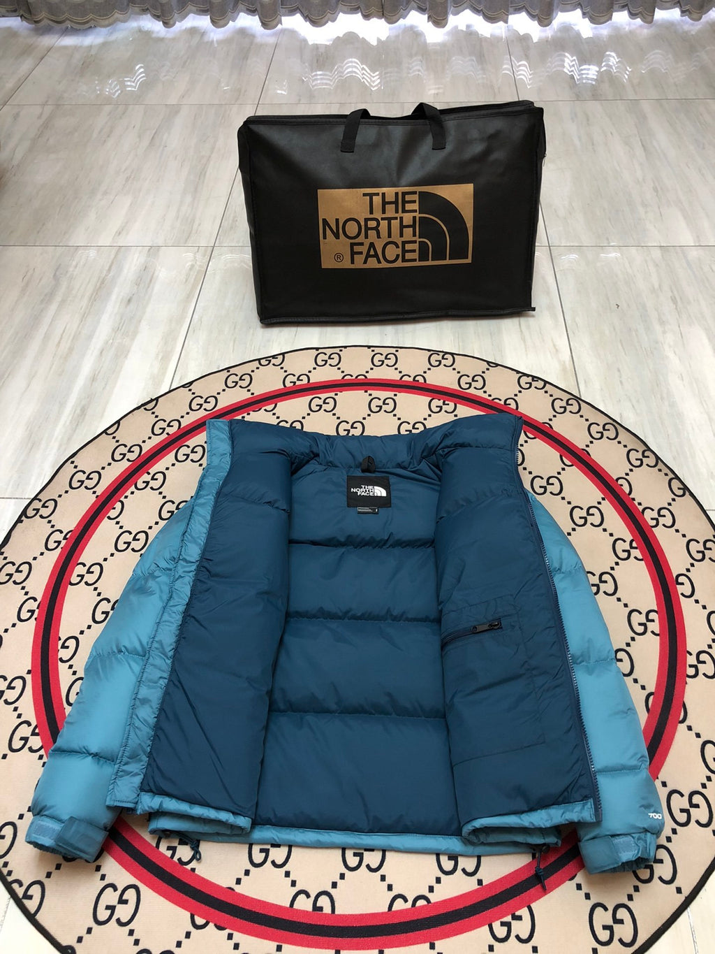 The North Face Teal Blue and Navy Color-Block Puffer Jacket