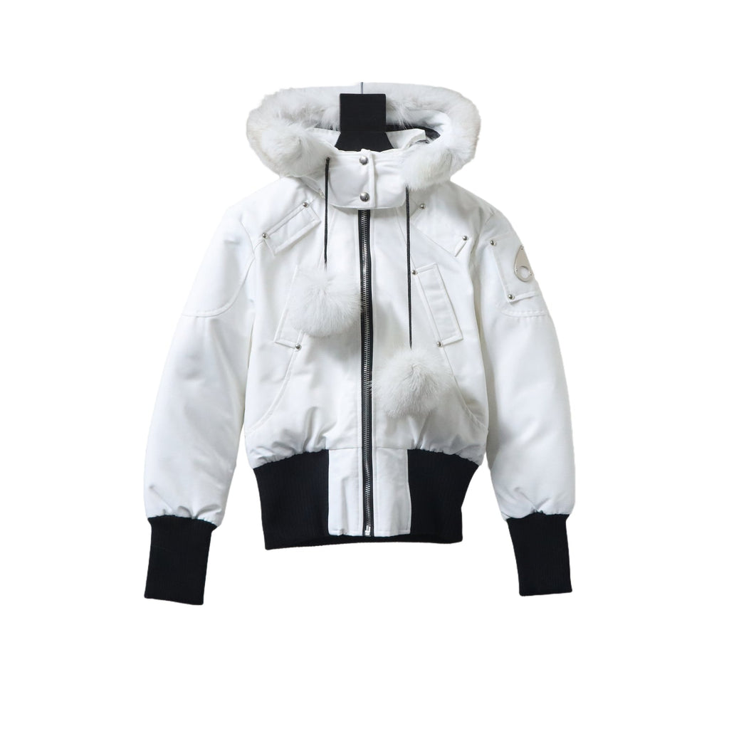 Moose Knuckles White Hooded Bomber Jacket