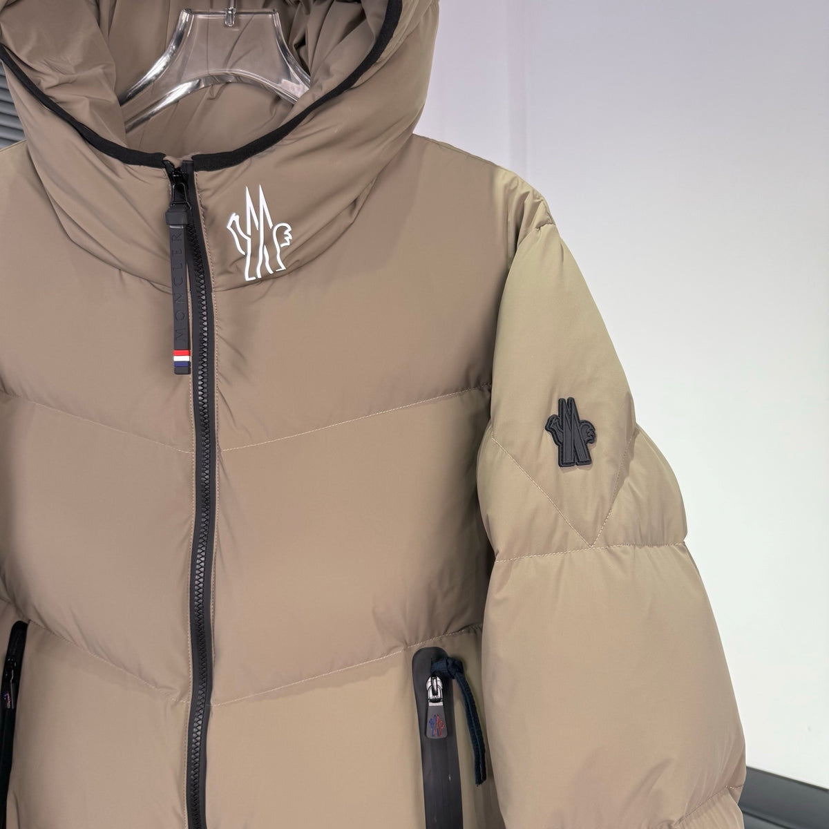 Moncler Beige Hooded Chevron-Quilted Puffer Jacket