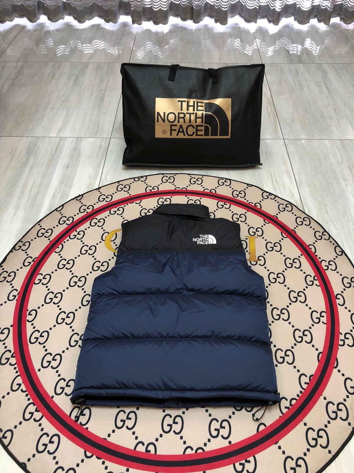 The North Face Navy Blue and Black Color-Block Puffer Vest