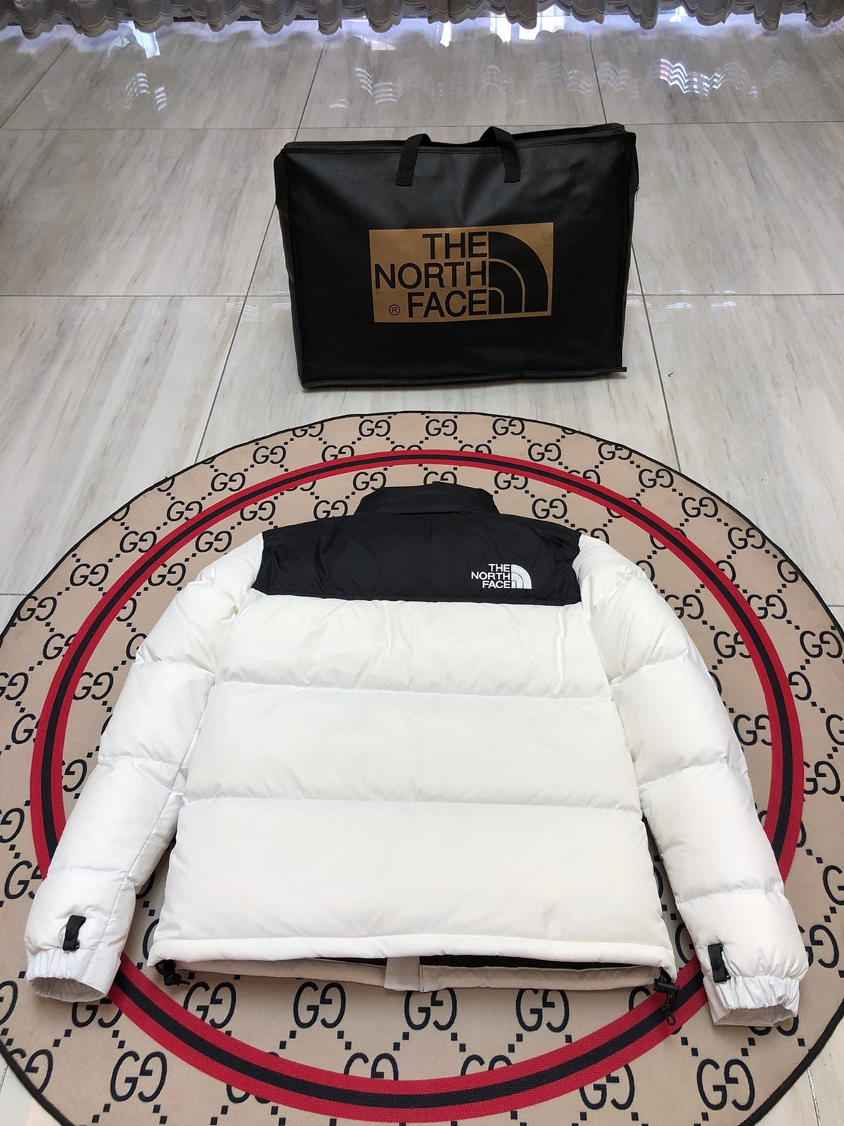 The North Face White and Black Colorblock Puffer Jacket