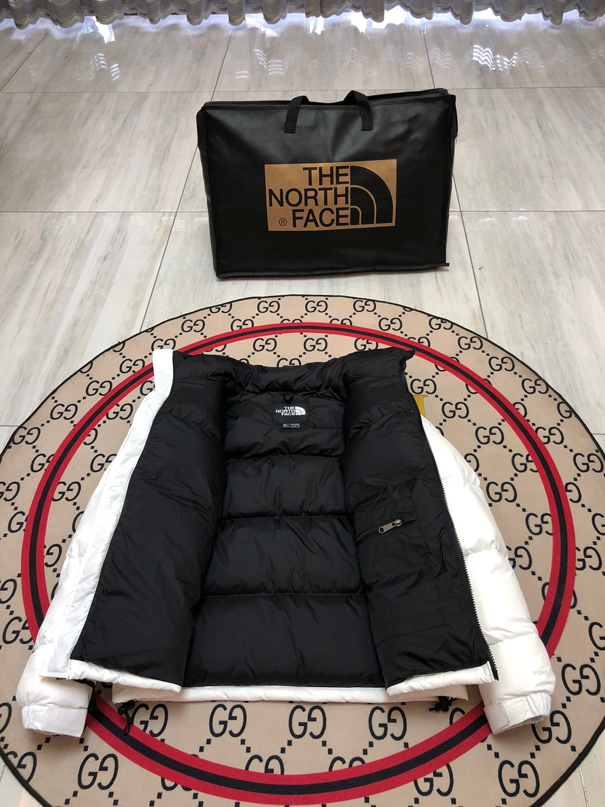 The North Face White and Black Colorblock Puffer Jacket