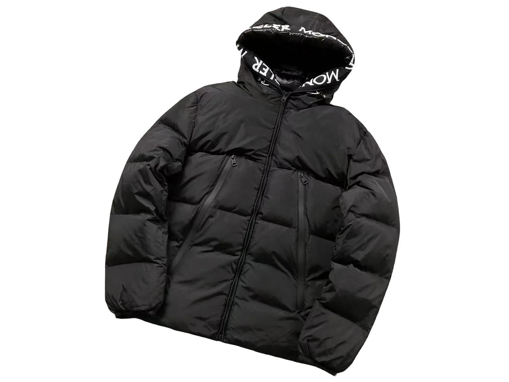 Moncler Black Hooded Puffer Jacket with White Logo Trim