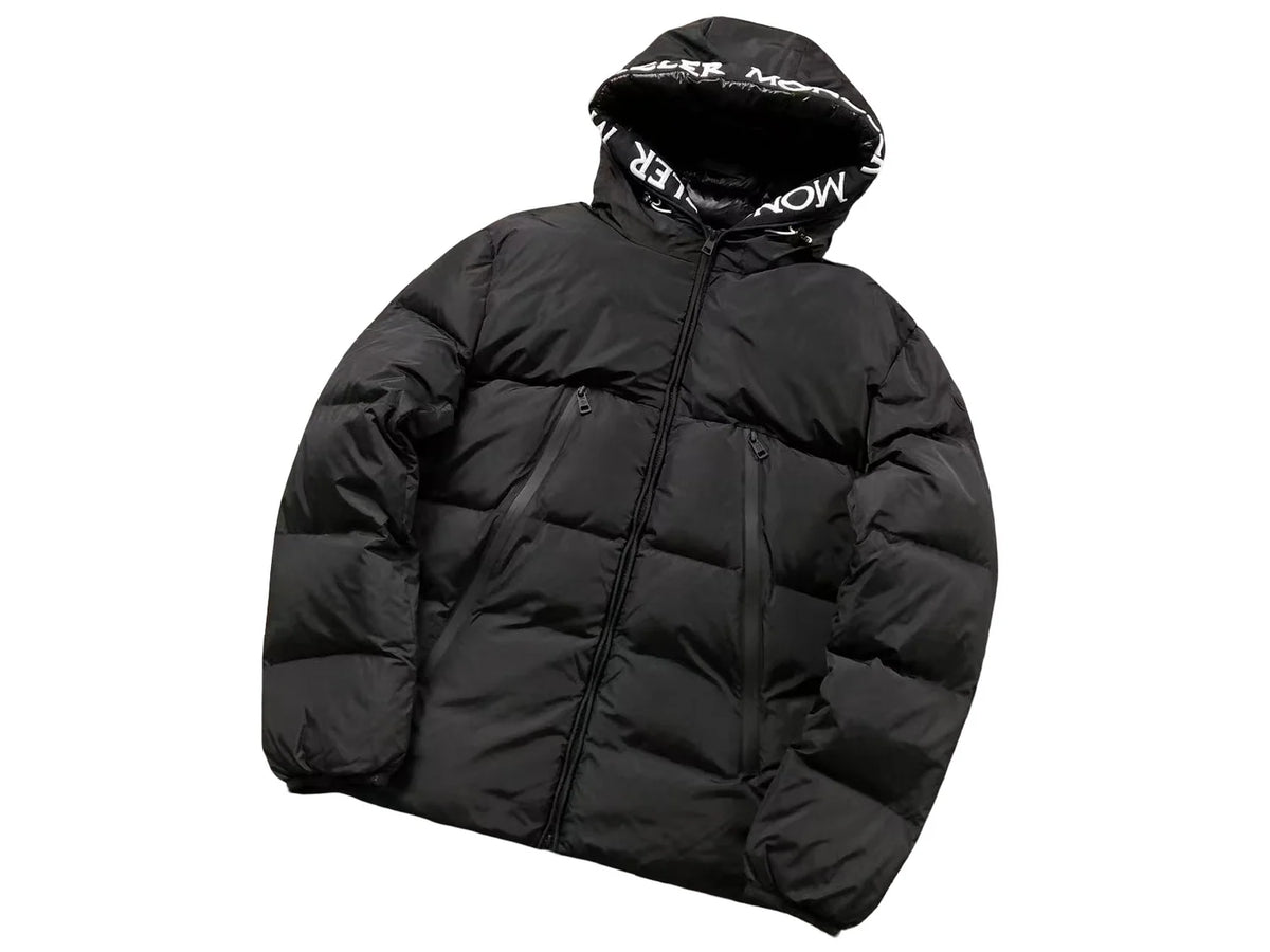 Moncler Black Hooded Puffer Jacket with White Logo Trim