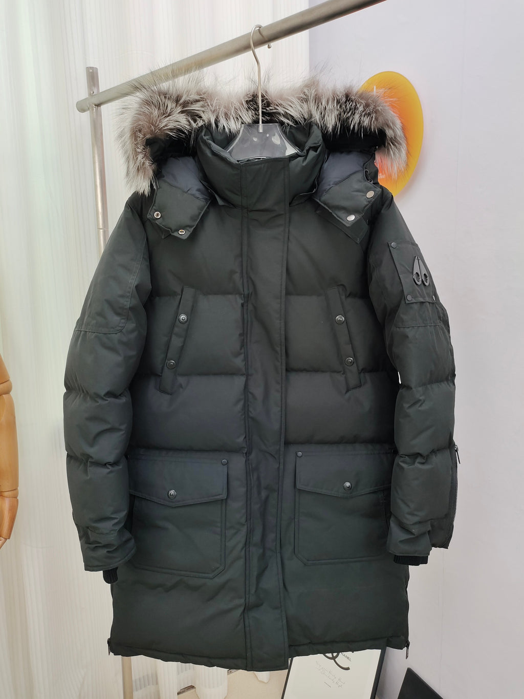 Moose Knuckles Charcoal Gray Long Hooded Quilted Parka