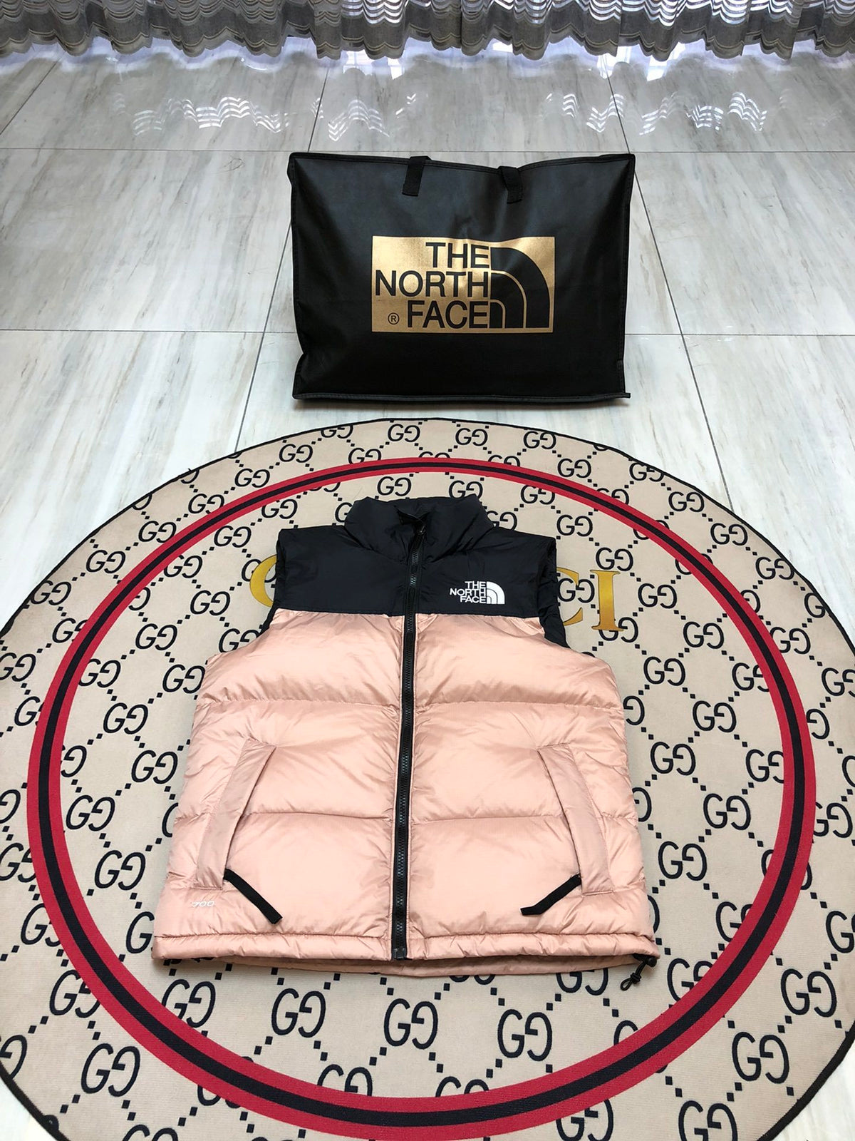 The North Face Blush Pink and Black Color-Block Puffer Vest