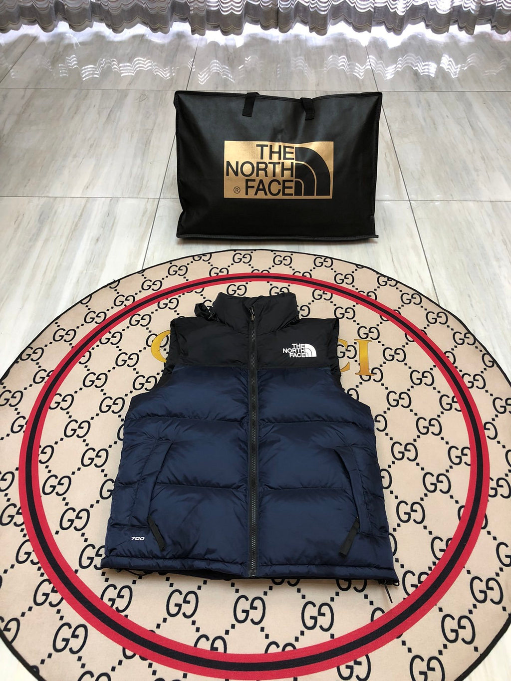 The North Face Navy Blue and Black Color-Block Puffer Vest