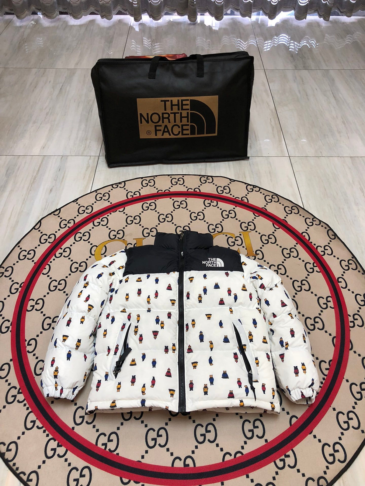 The North Face White and Black Bear-Print Puffer Jacket