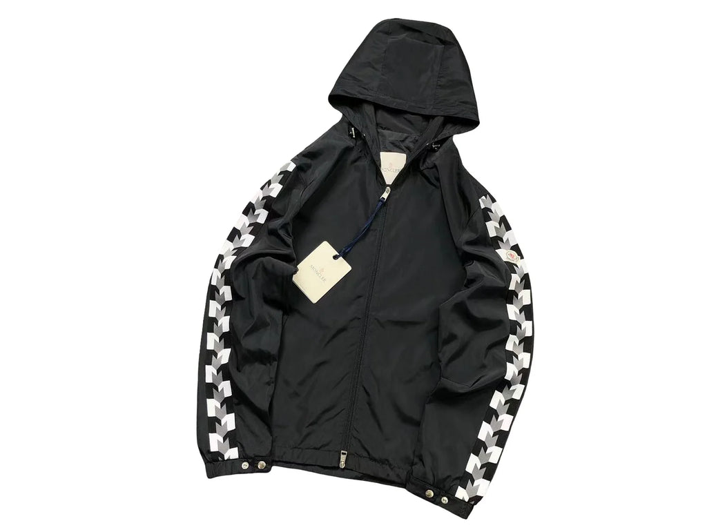 Moncler Black Hooded Zip-Up Jacket with Geometric Sleeve Trim