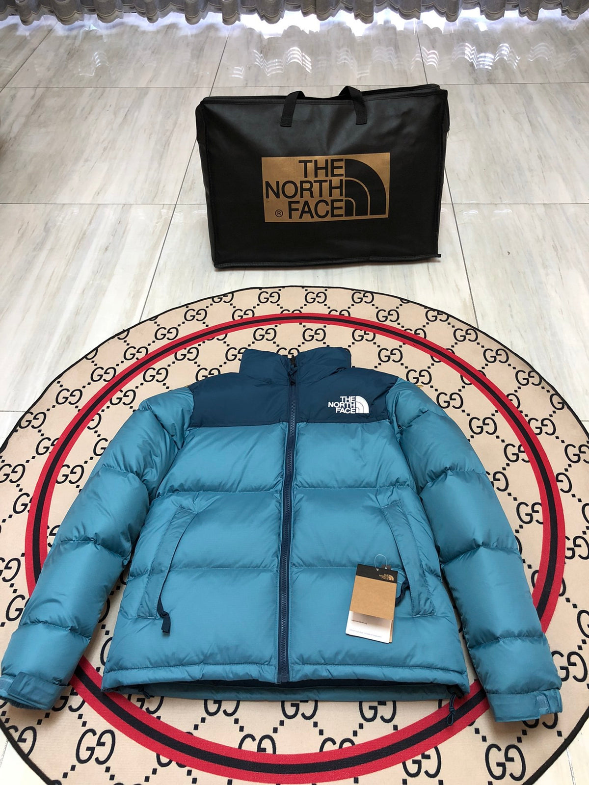 The North Face Teal Blue and Navy Color-Block Puffer Jacket