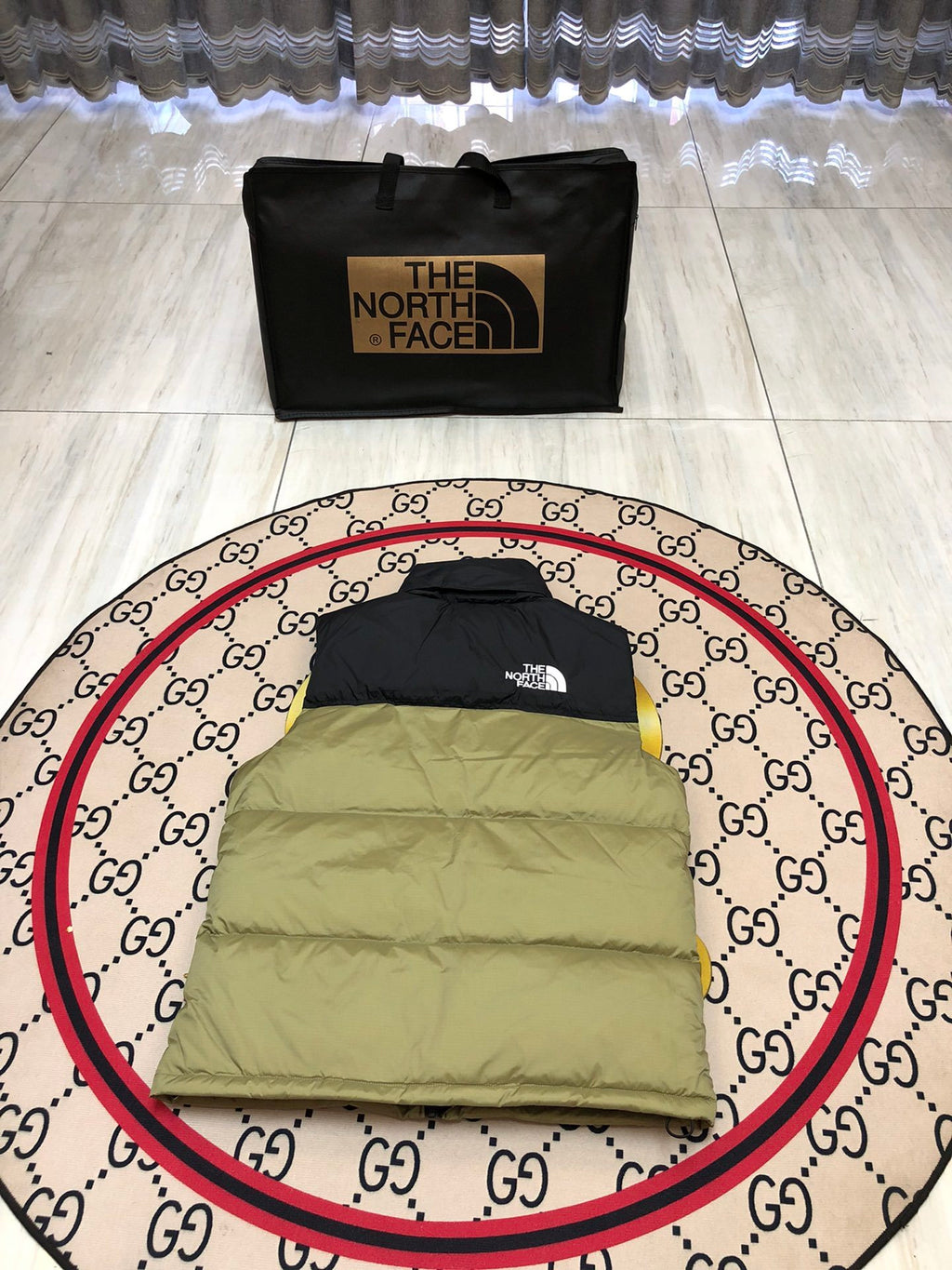 The North Face Olive Green and Black Color-Block Puffer Vest