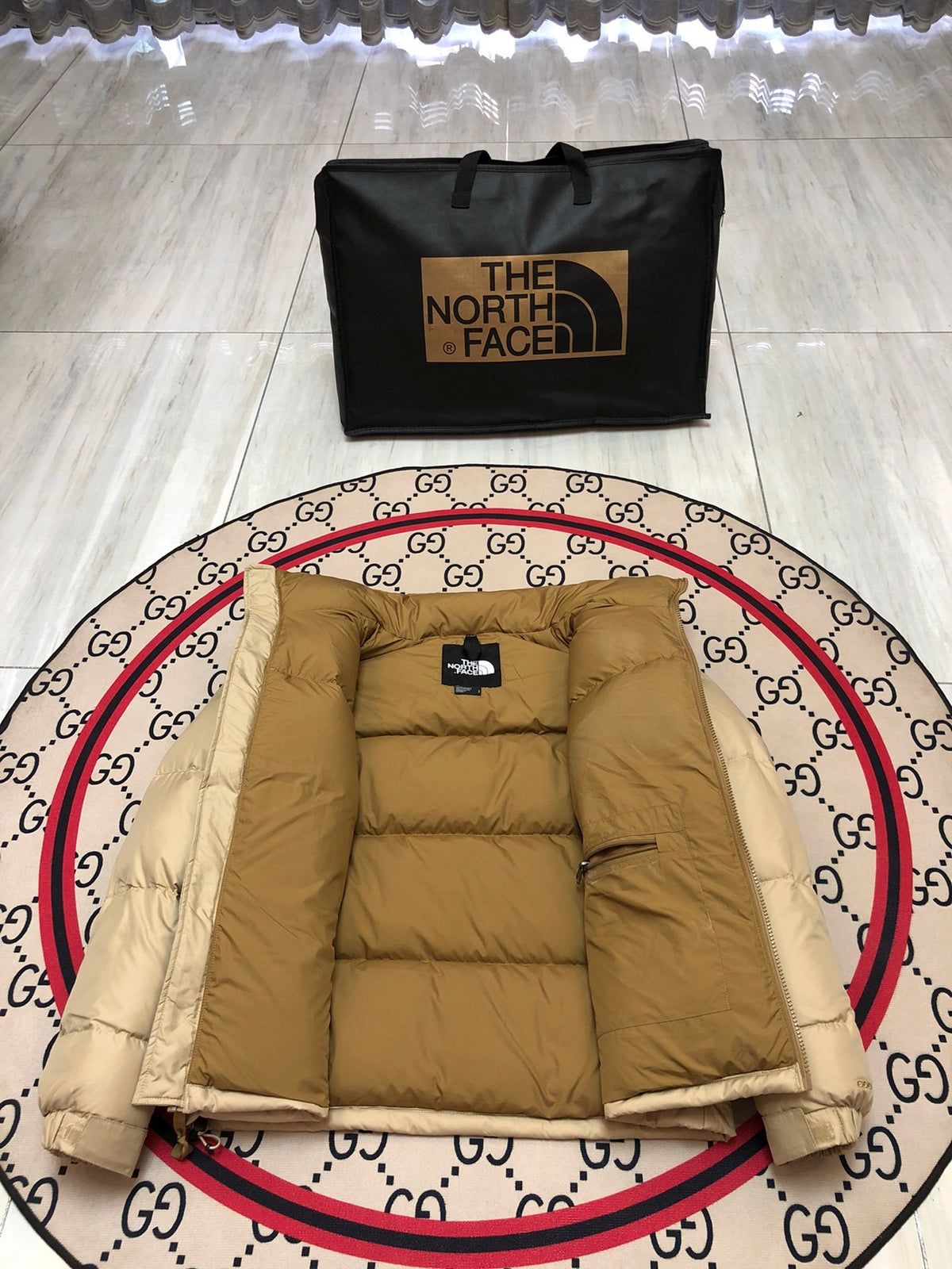 The North Face Beige and Tan Colorblock Puffer Jacket