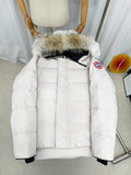 Canada Goose White Hooded Puffer Jacket with Plush Trim