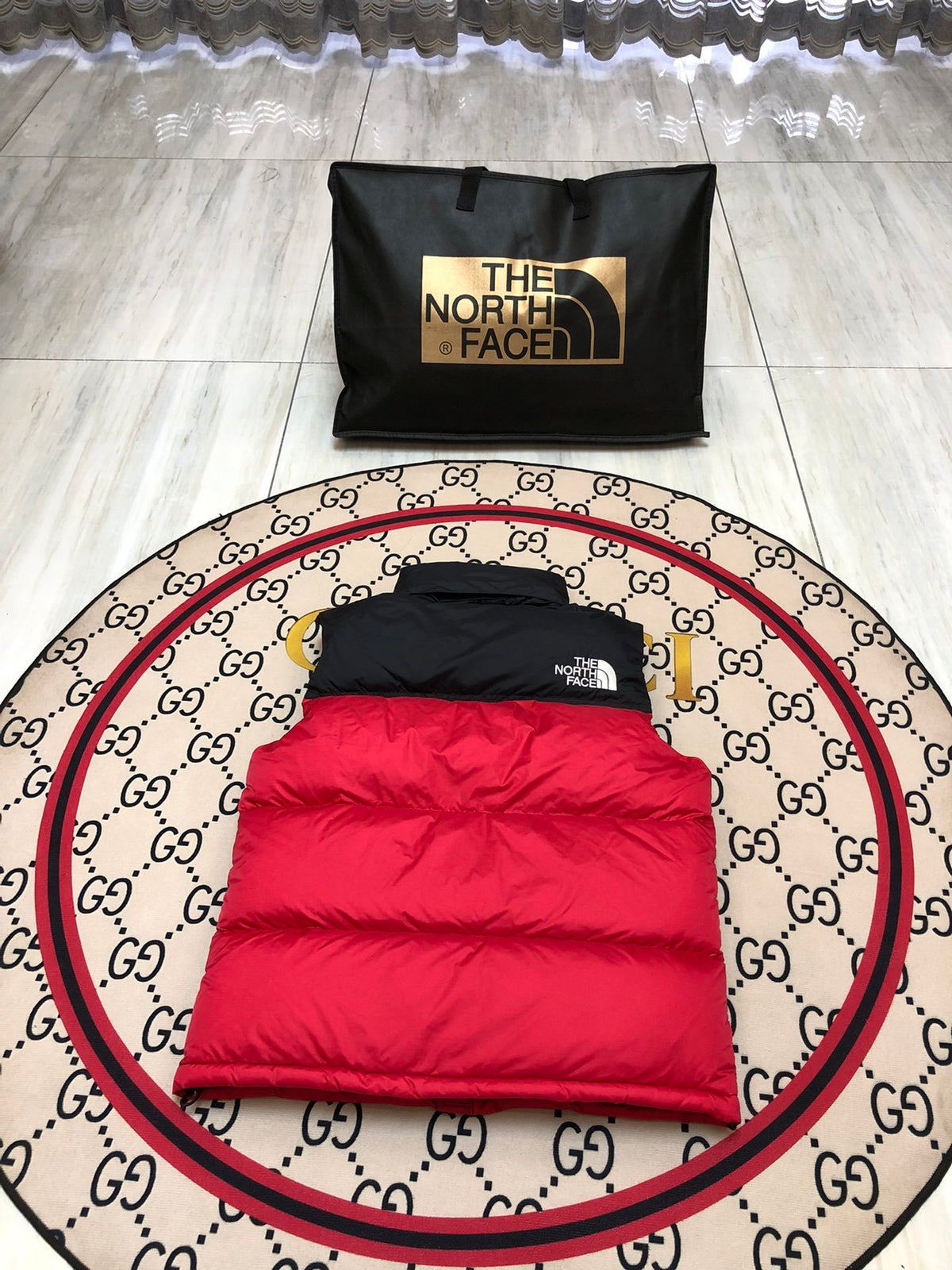 The North Face Red and Black Color-Block Puffer Vest