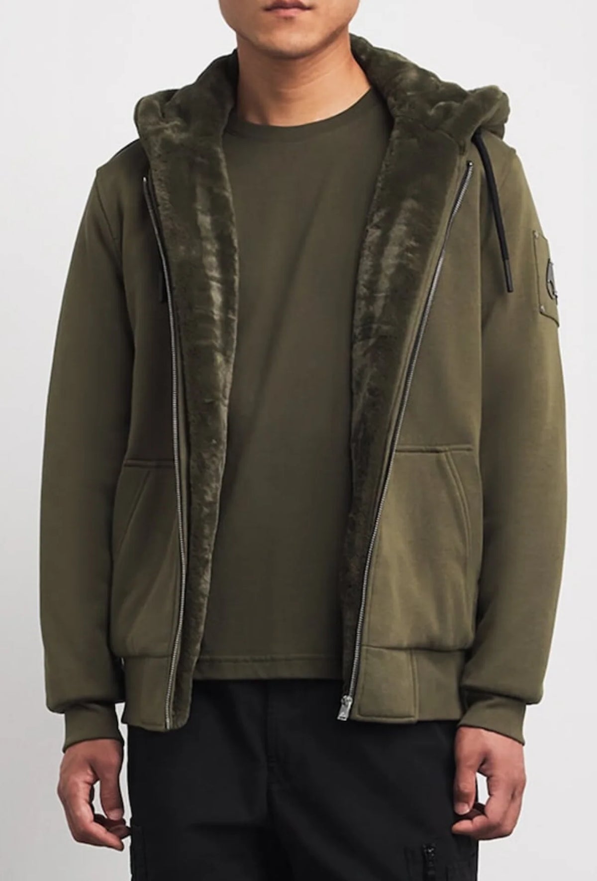 Moose Knuckles Olive Green Plush-Lined Zip-Up Hoodie