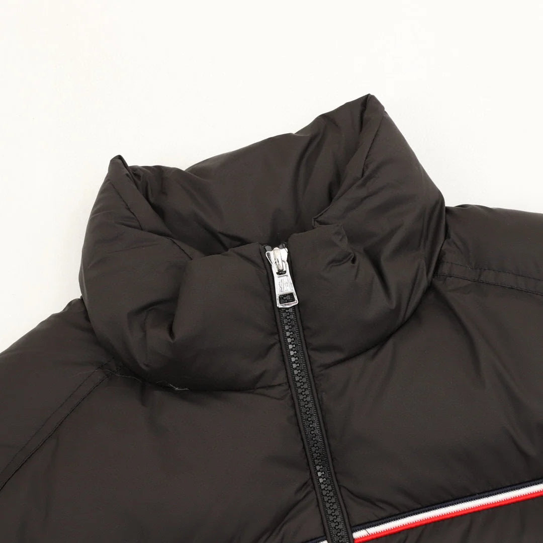 Moncler Black Stand-Collar Puffer Jacket with Contrast Chest Stripe