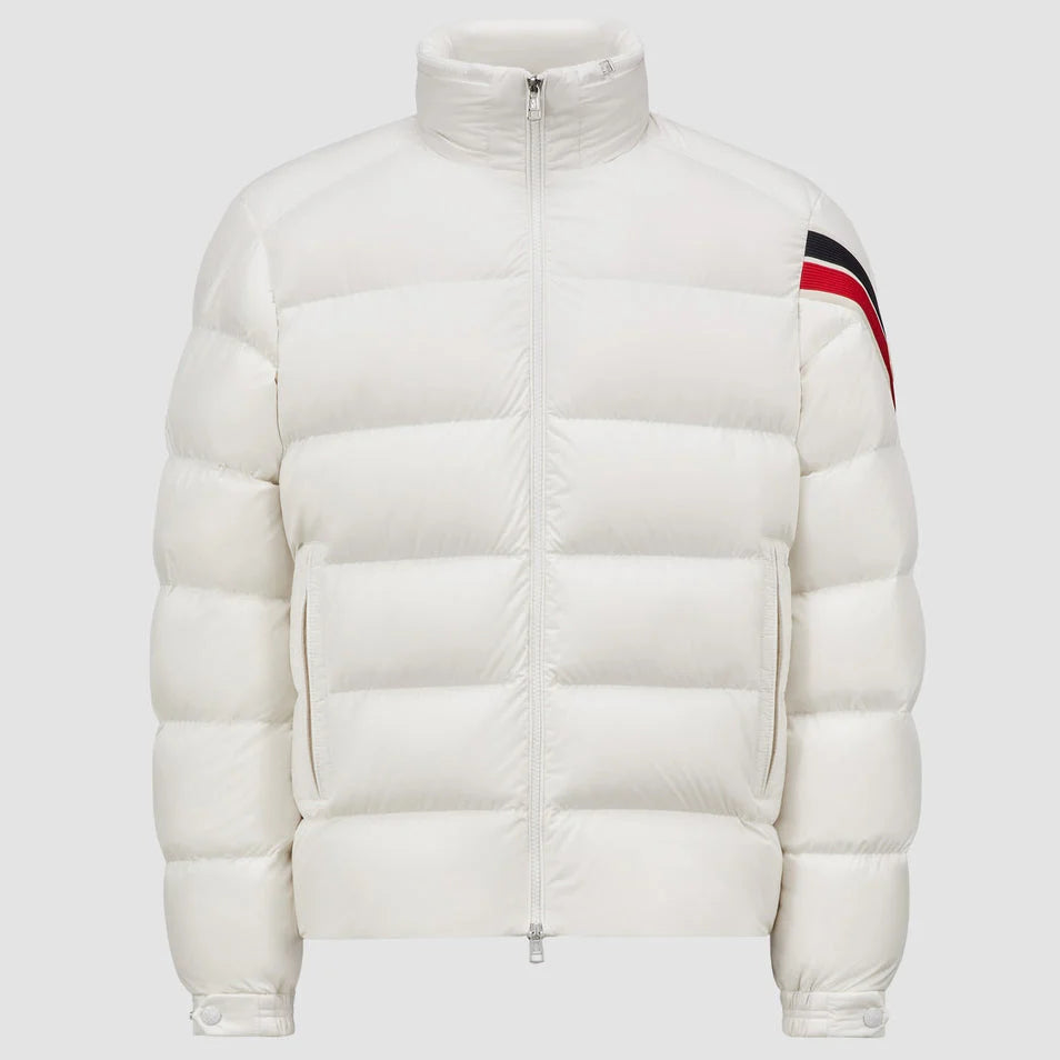 Moncler Off-White Stand-Collar Puffer Jacket with Striped Sleeve Detail