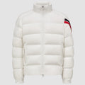 Moncler Off-White Stand-Collar Puffer Jacket with Striped Sleeve Detail