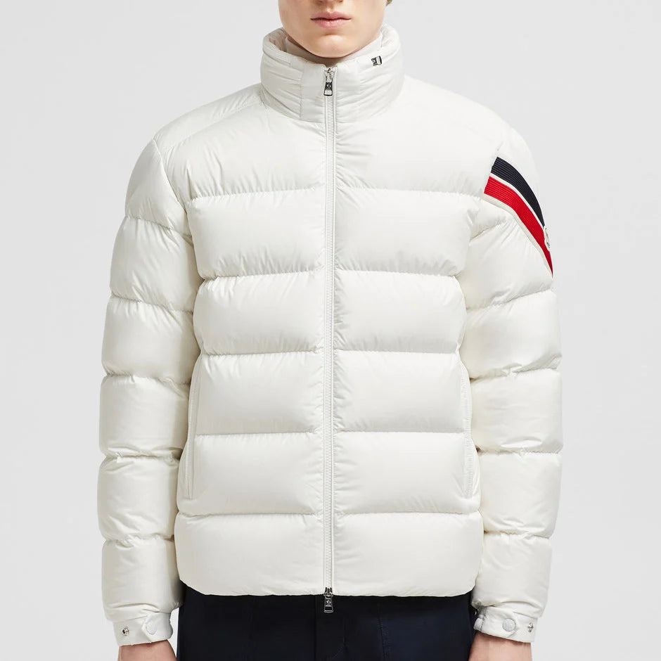 Moncler Off-White Stand-Collar Puffer Jacket with Striped Sleeve Detail