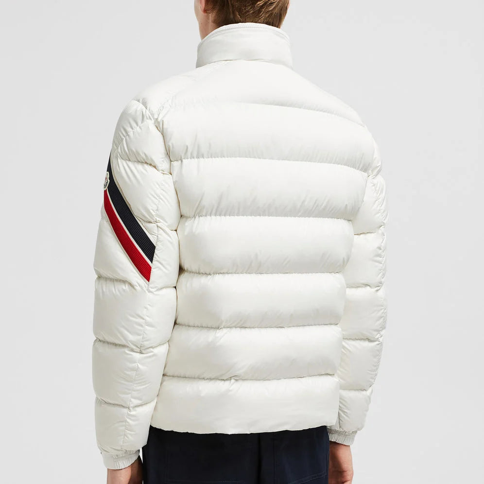 Moncler Off-White Stand-Collar Puffer Jacket with Striped Sleeve Detail