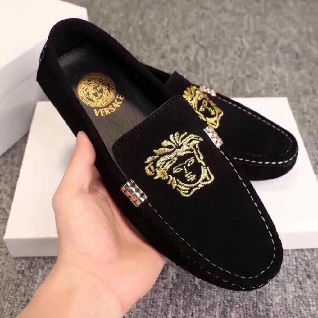 Versace Black Loafers with Gold Embroidery