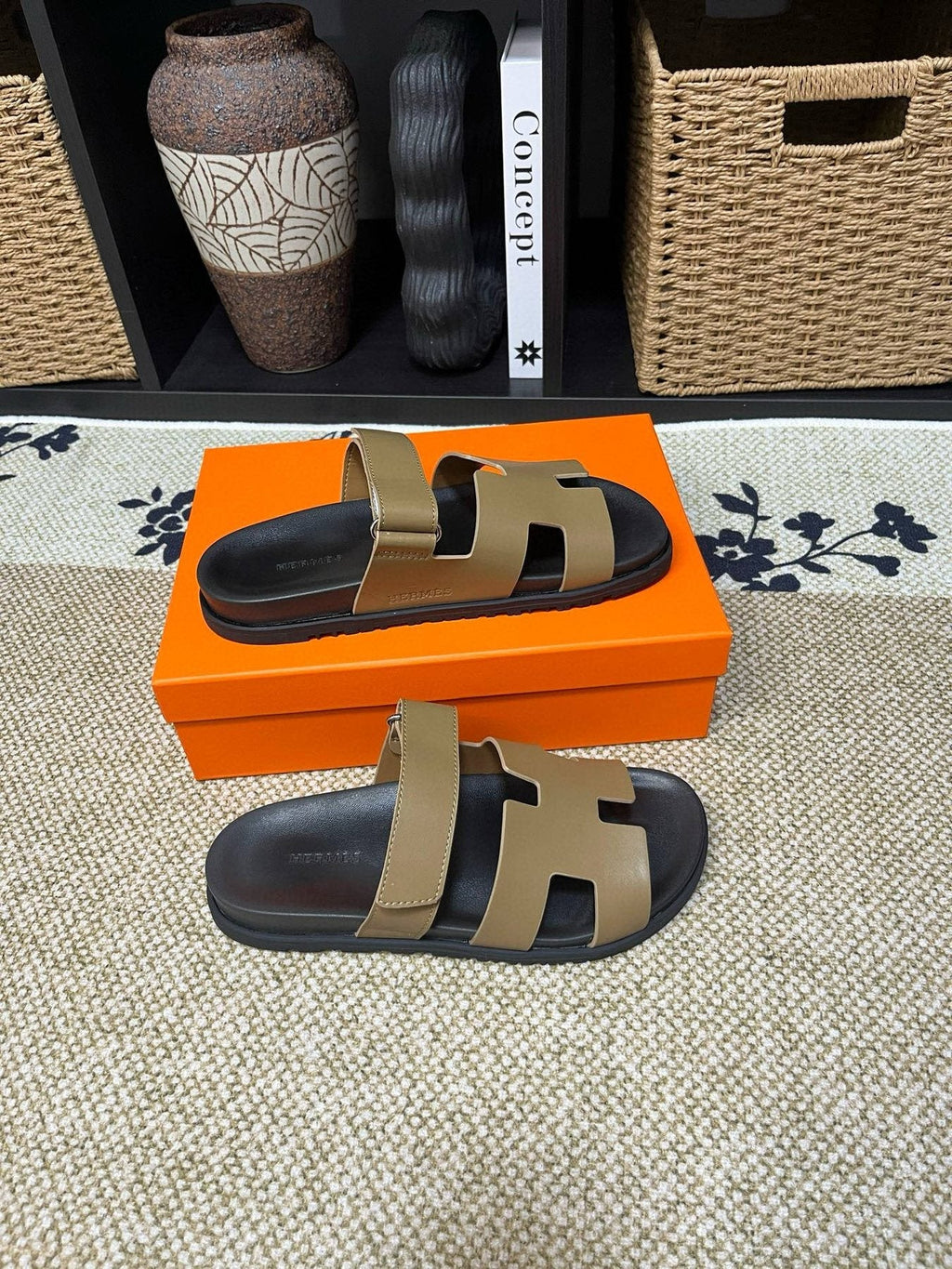 Hermes Men's Kazimir Tan and Black Slide Sandals