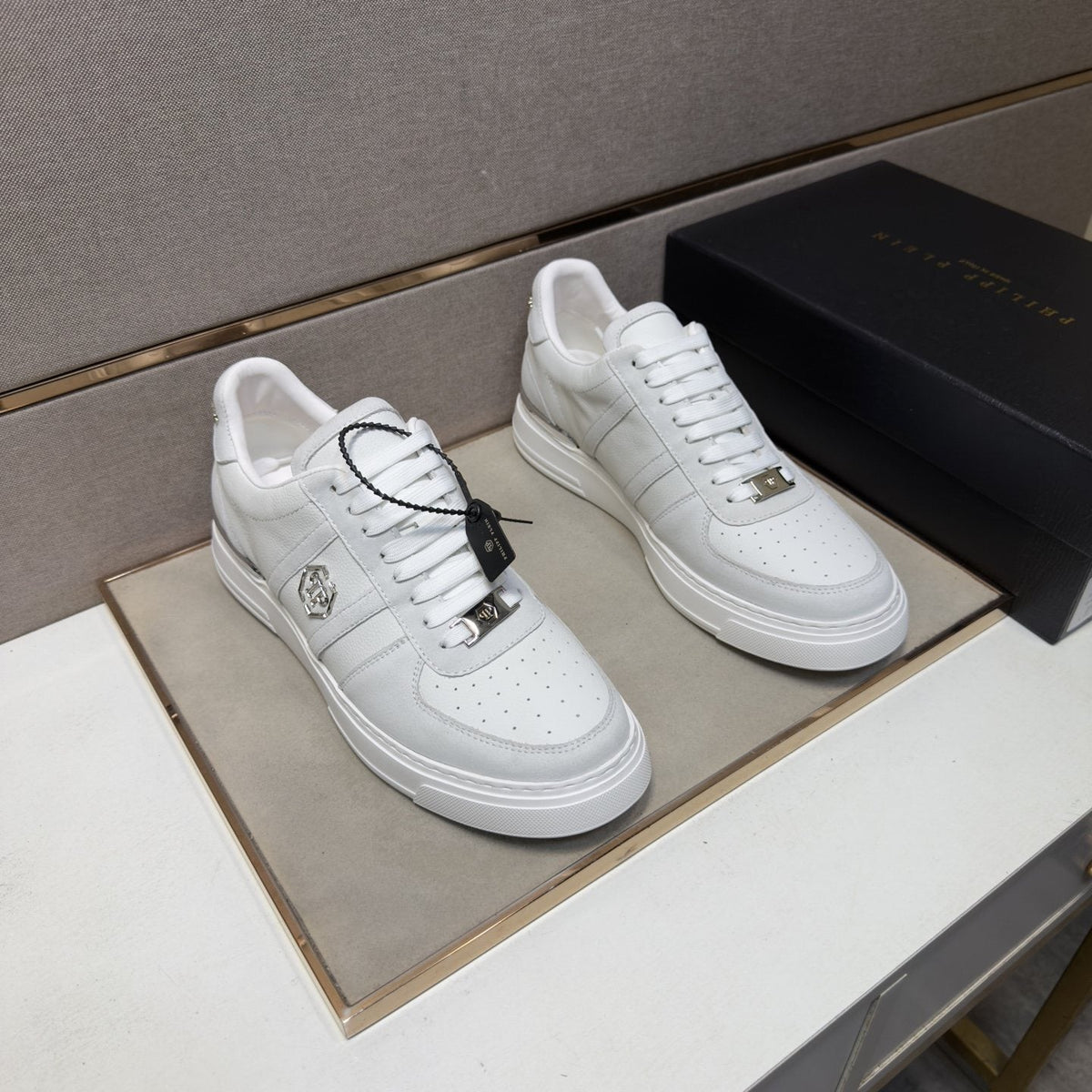 Philipp Plein White Low-Top Sneakers with Silver Accents