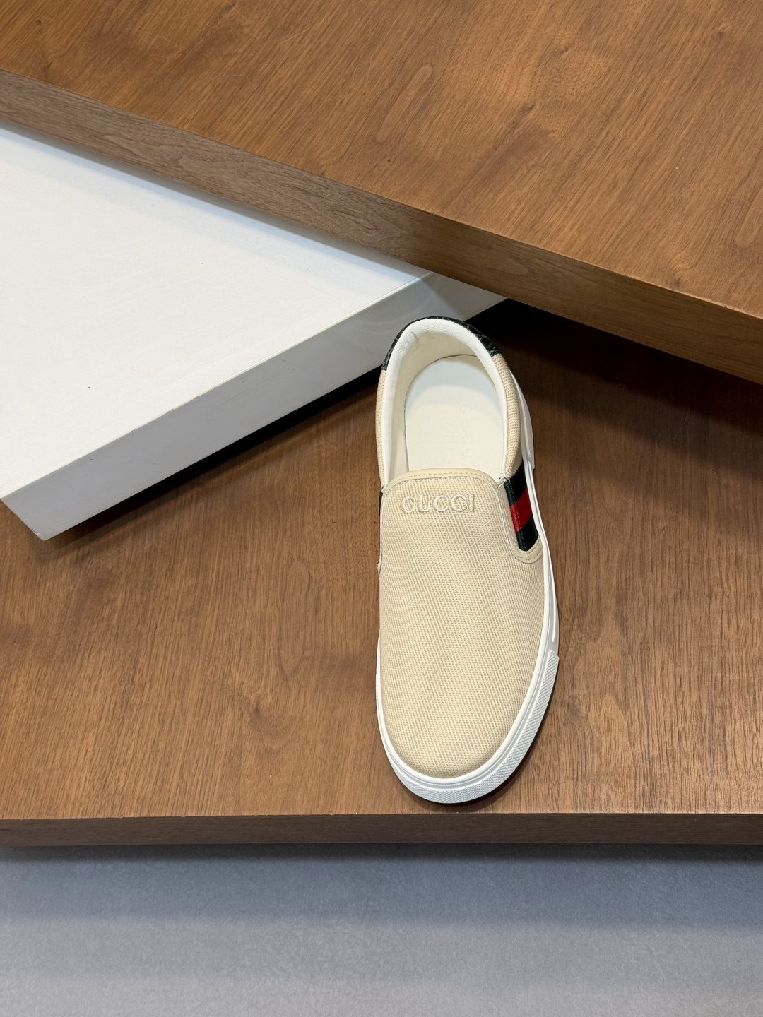 Gucci Beige Web Stripe Slip-On Sneakers