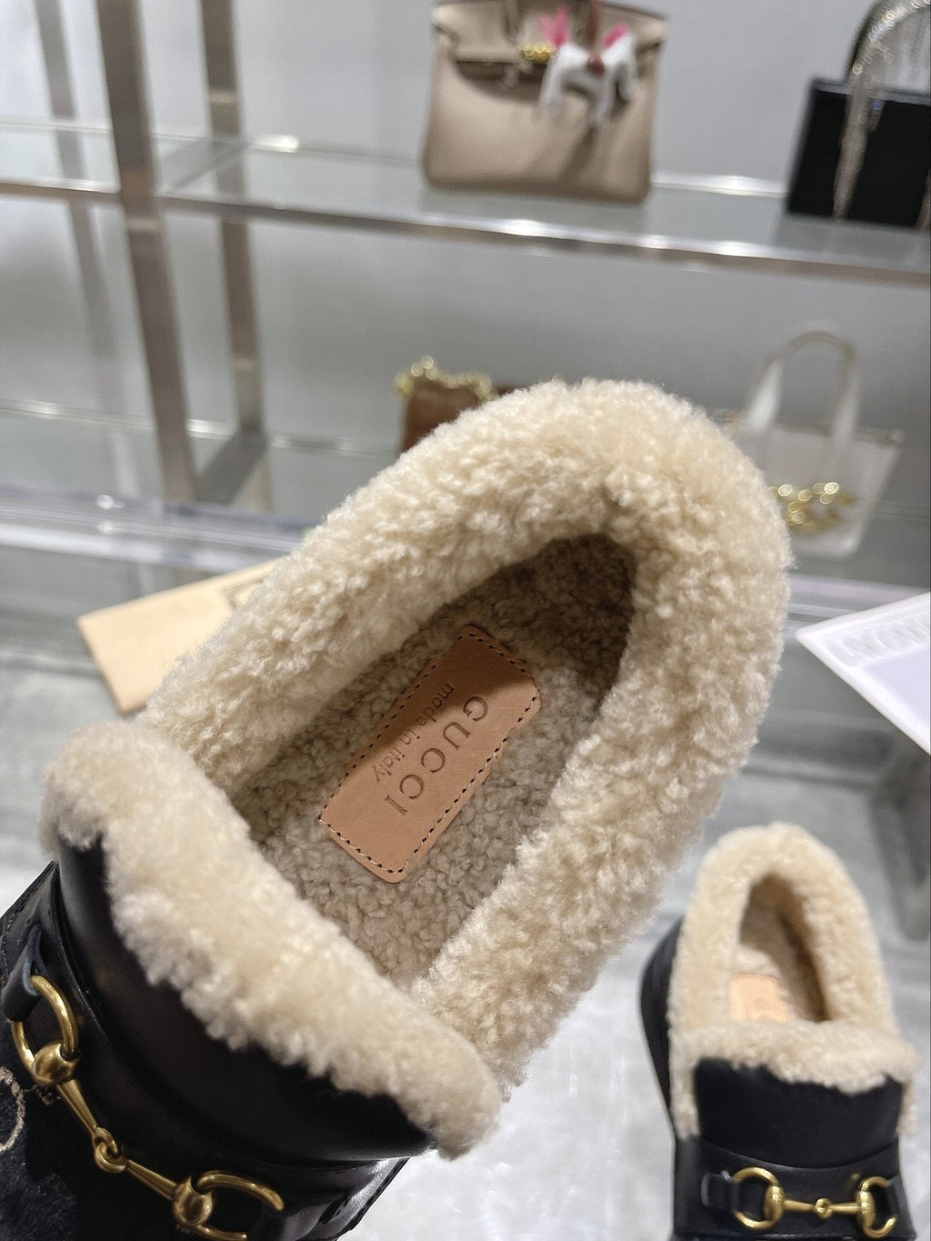 Gucci Patterned Plush-Lined Slip-On Shoes