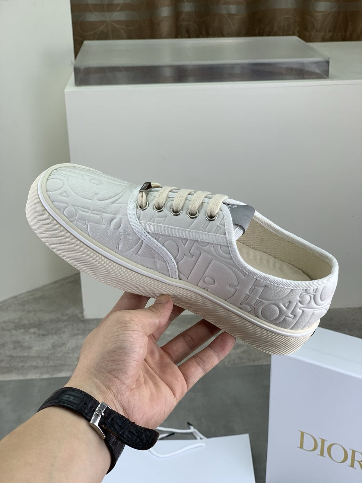 Dior White Embossed Low-Top Sneakers