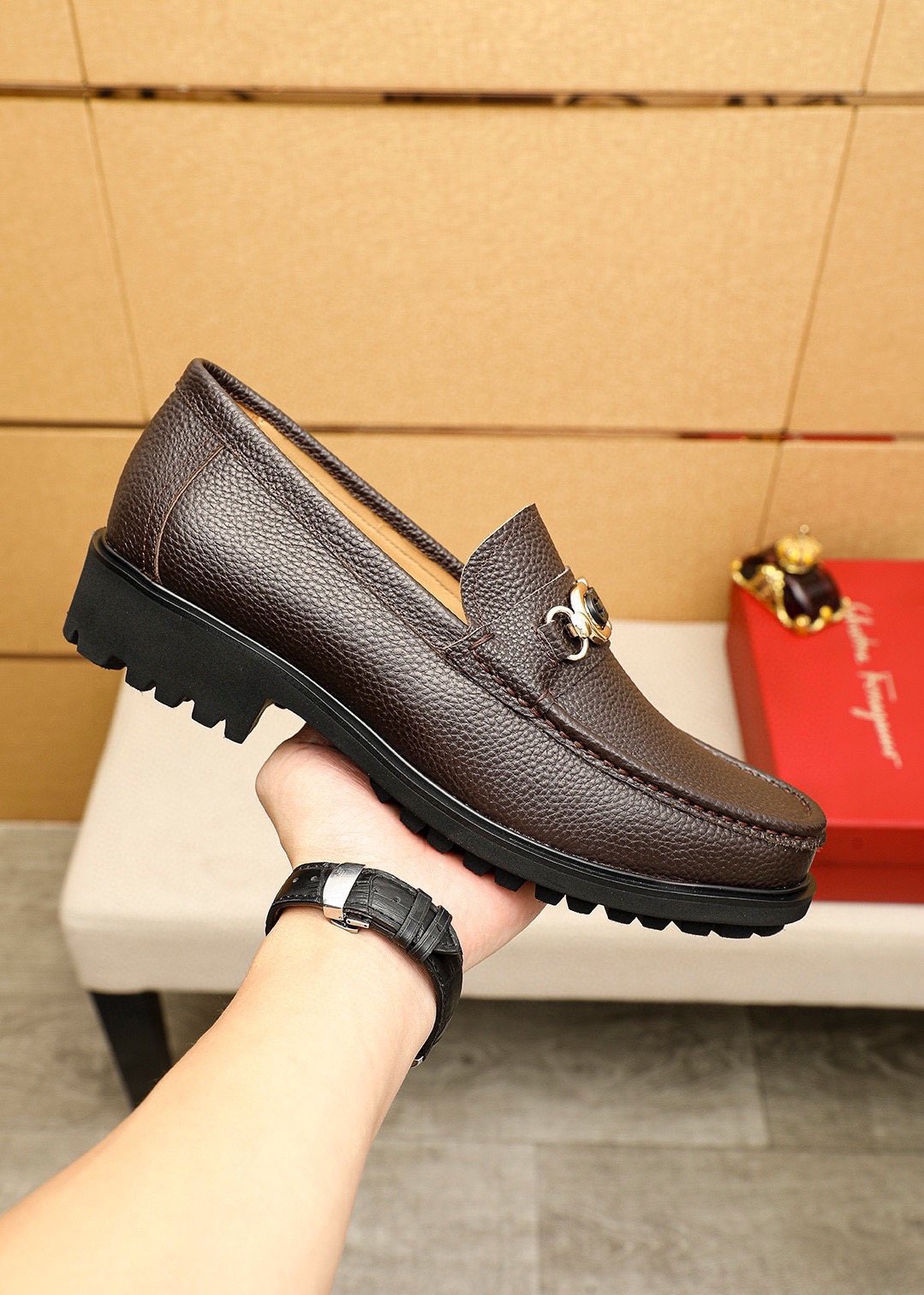 Ferragamo Pebbled Leather Lug Sole Loafers