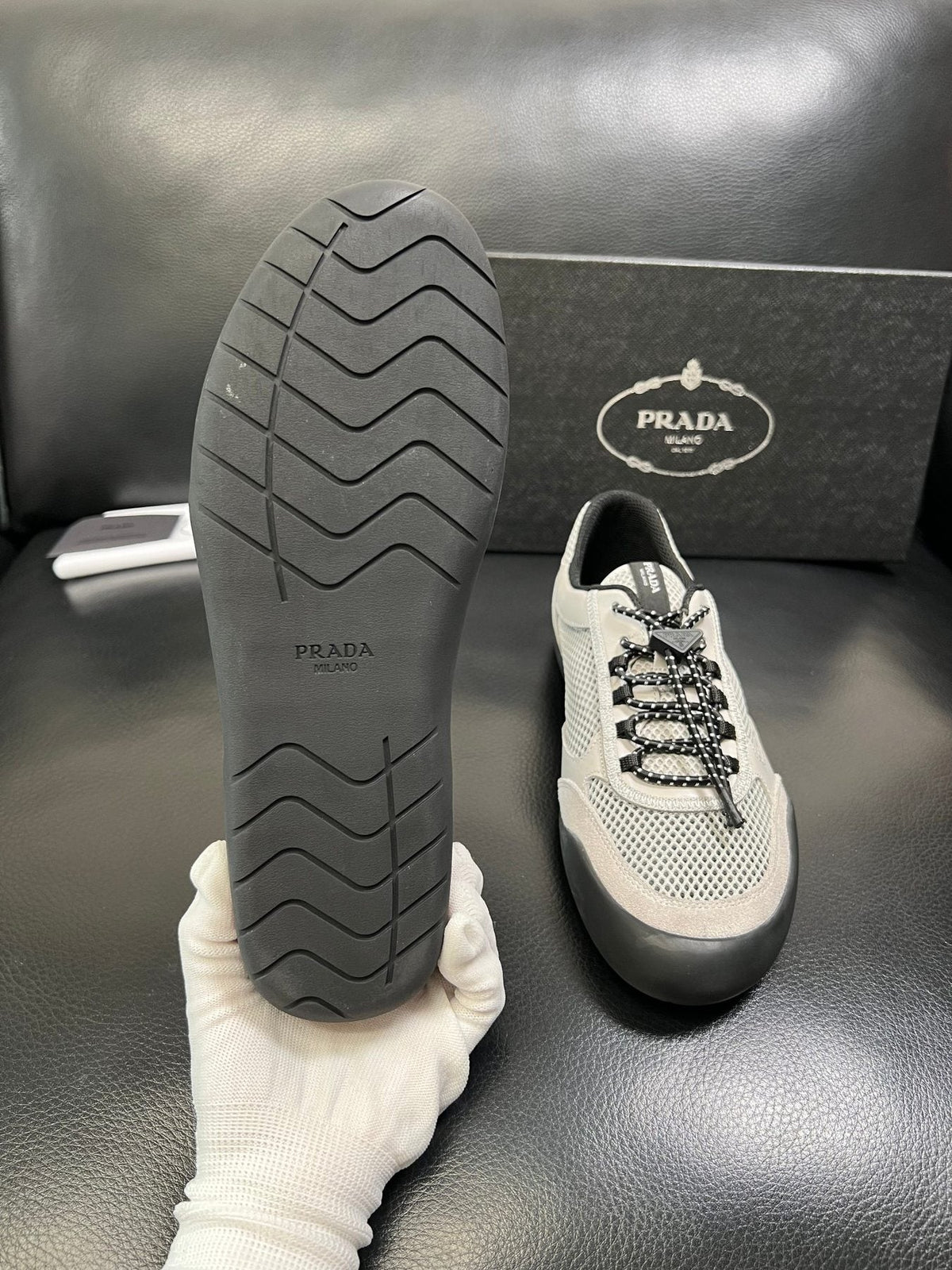 Prada White, Gray & Black Low-Top Sneakers